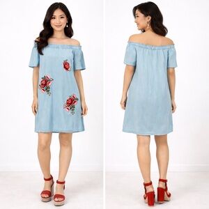 A.N.A Lyocell Off Shoulder Embroidered Floral Mini Tunic Dress Women’s Medium